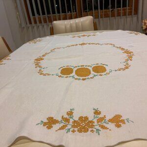 Vintage Hand Embroidered White Tablecloth Gold & Green Flowers 47"x47"